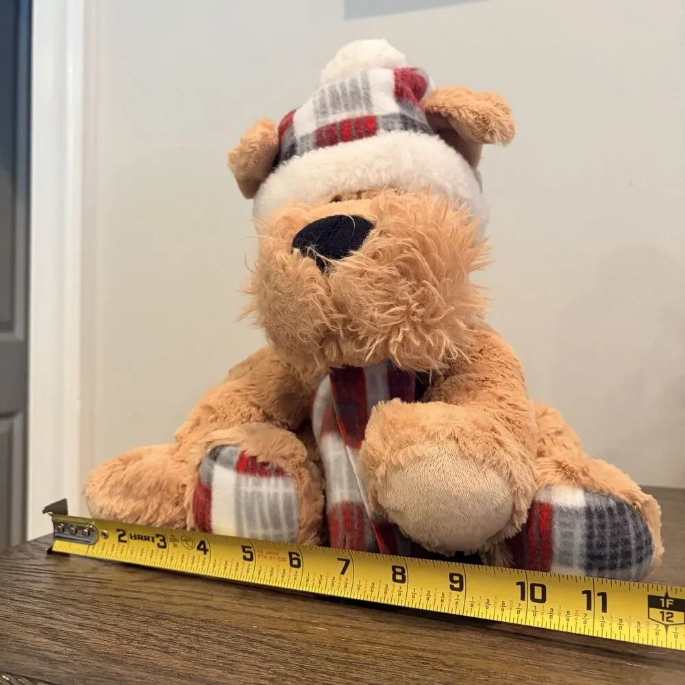 GT Gentle Treasures Tan Brown Sitting Puppy Dog Plaid Winter Hat Scarf 12